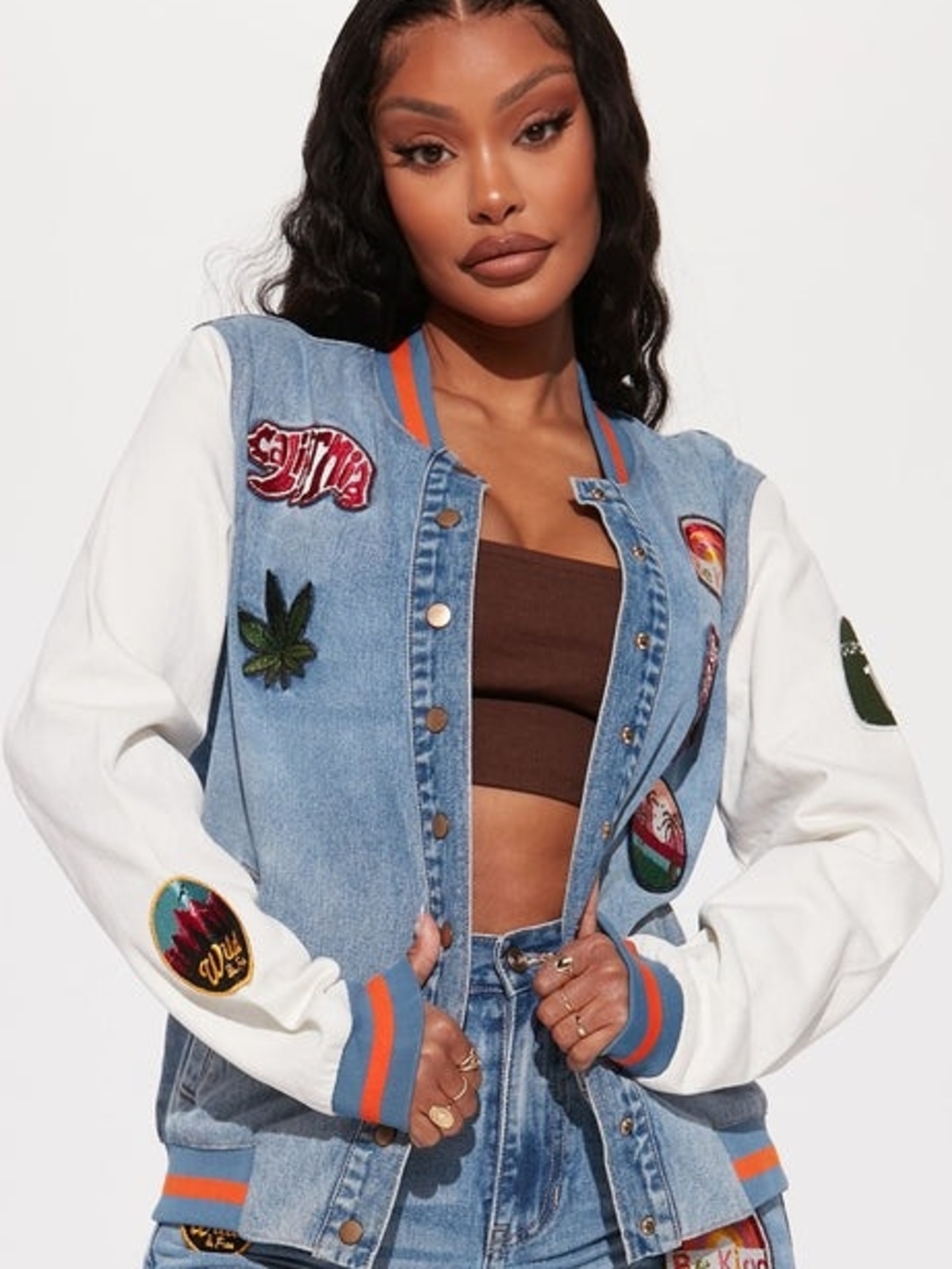Fashion Nova Light Blue Denim Varsity Jacket with White Sleeves